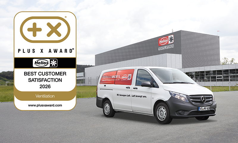 A Helios service vehicle in front of the headquarters having just won the Plus X Award for best customer satisfaction.